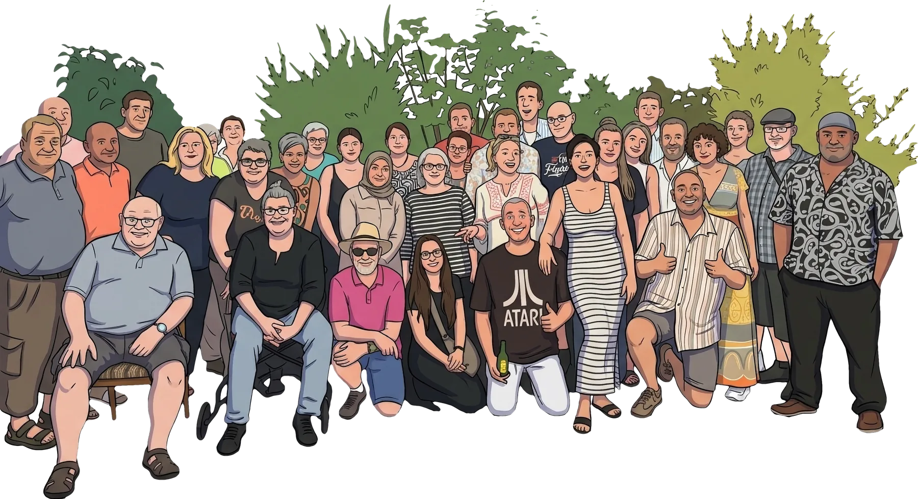 Gezeichnetes Gruppenbild der Klassentreffen-Teilnehmer vor grünen Büschen
